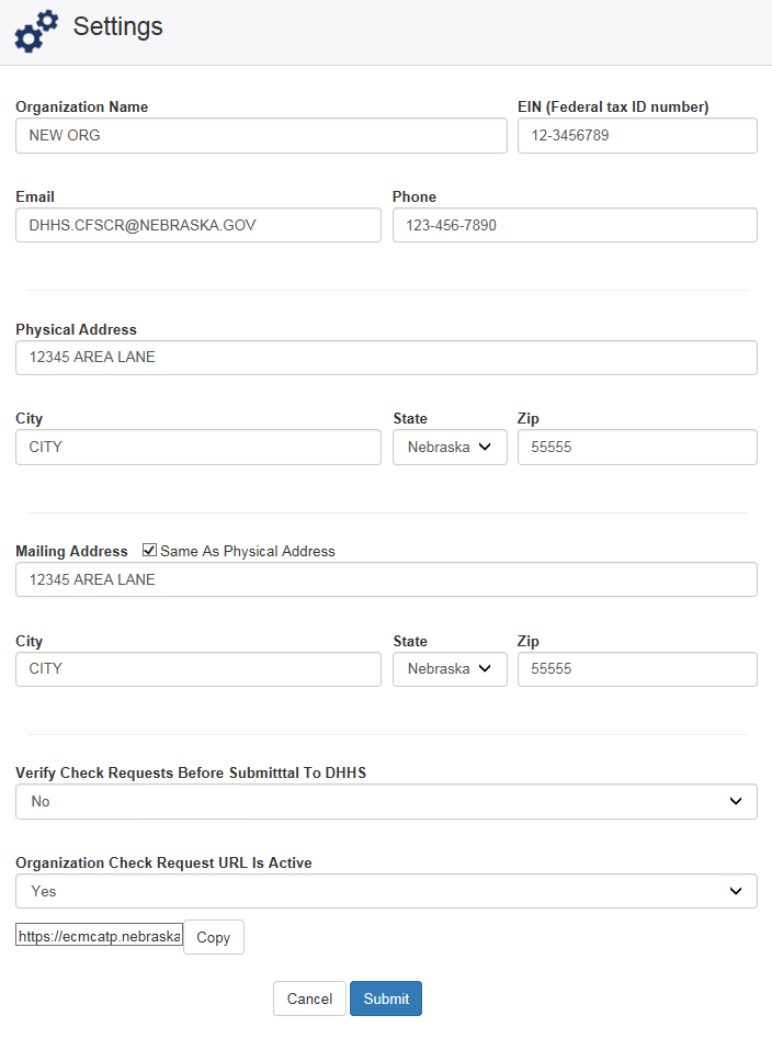 Screenshot of Settings page