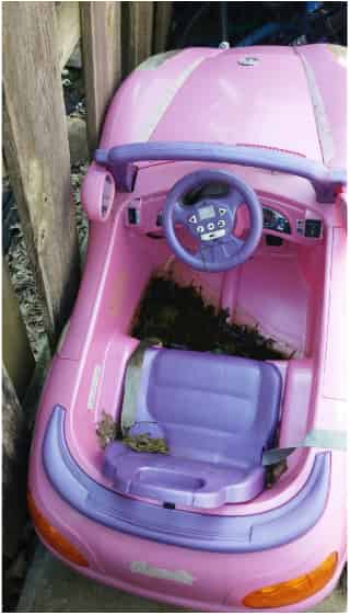 Water pooling in a toy car.